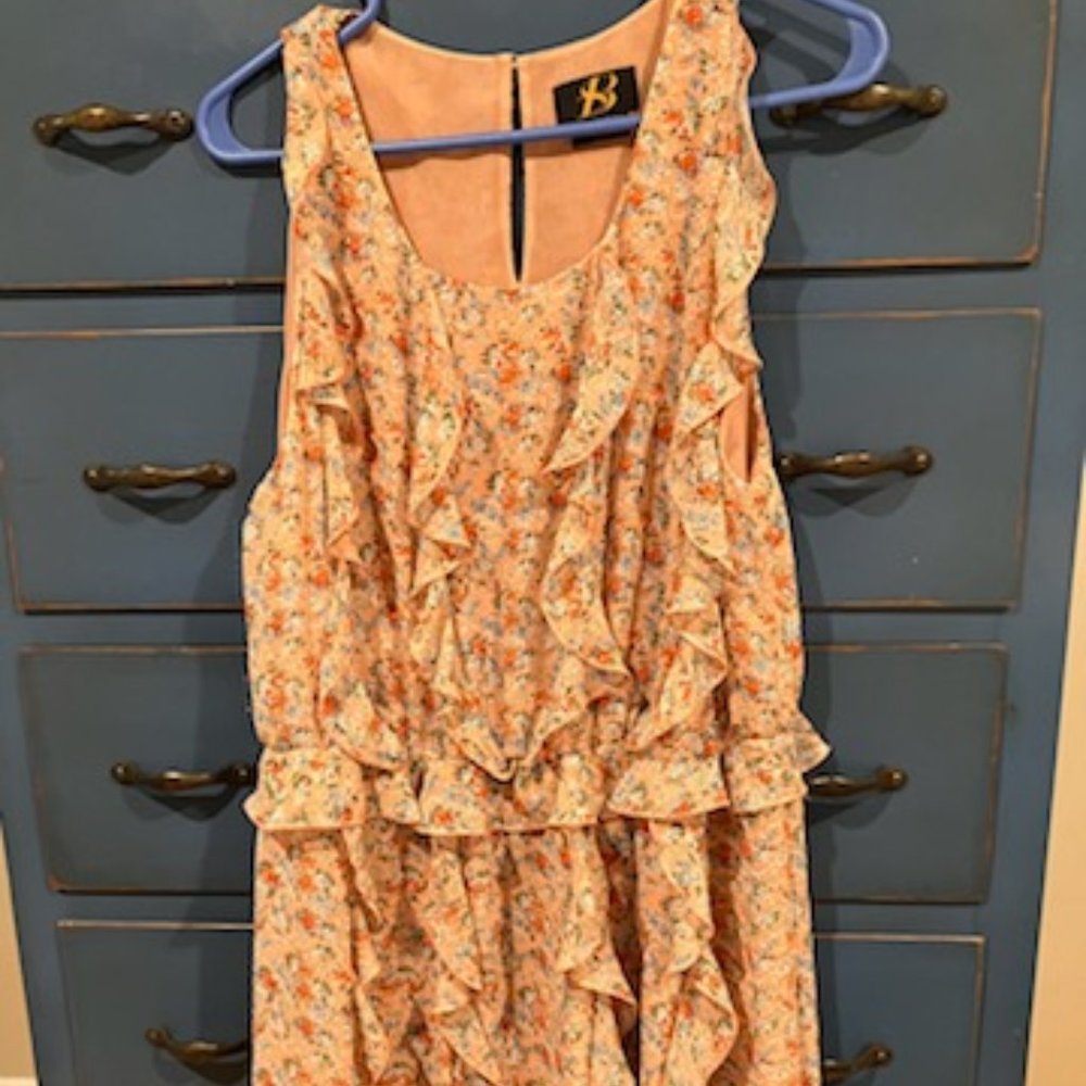 Anthropologie pink floral ruffle midi dress